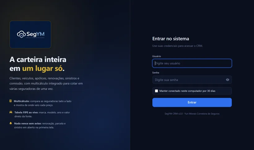 Tela de entrada do CRM SegYM